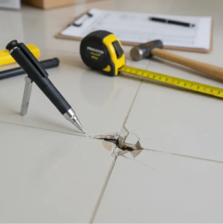 Detecção de falha aparente em revestimento cerâmico lascado durante vistoria de recebimento de imóvel, destacada por caneta técnica e ferramentas de medição ao fundo conforme diretrizes da ABNT NBR 17170.